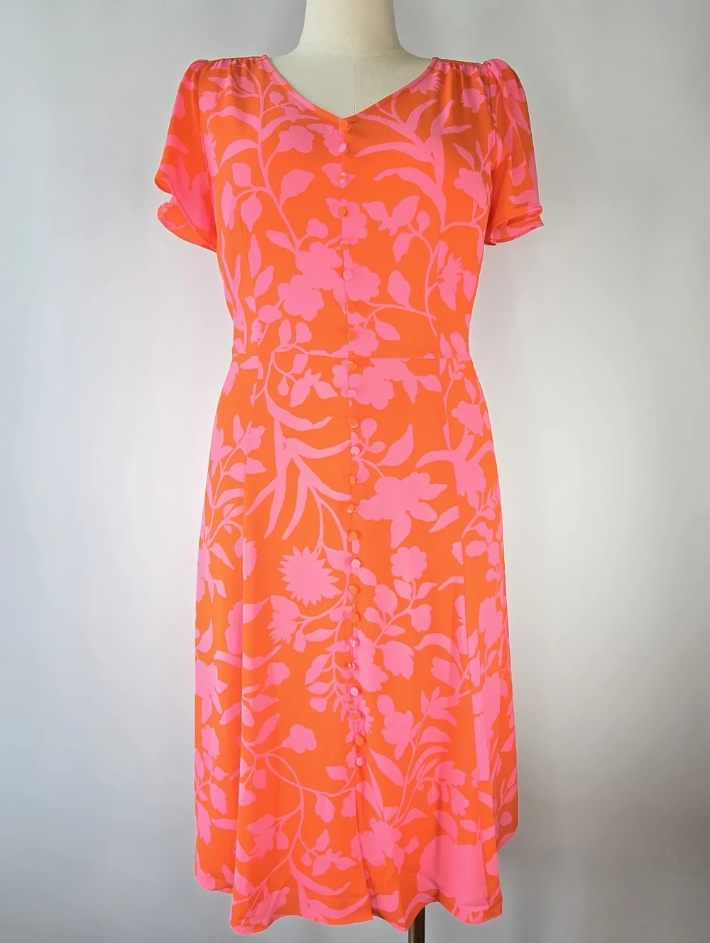 Talbots Orange & Pink Floral V Neck Flutter Sleeve Midi Dress Size 10P 10 Petite - Picture 2 of 10